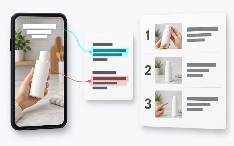 Illustration: a product video on a phone, two quoted lines from its words, and a three-shot list for your own version.